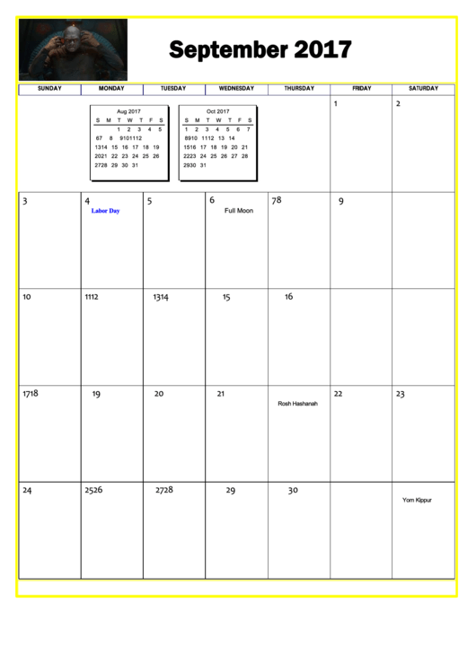 Star Wars September 2017 Calendar Template Printable pdf