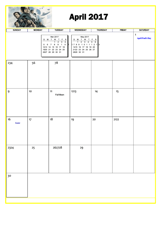 Star Wars April 2017 Calendar Template Printable pdf