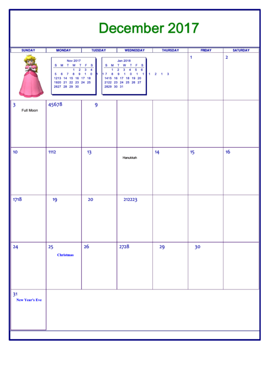 Nintendo December 2017 Calendar Template Printable pdf