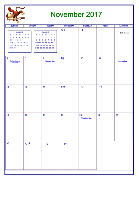 Nintendo November 2017 Calendar Template Printable pdf