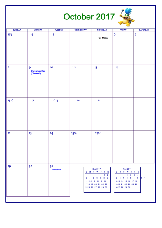 Nintendo October 2017 Calendar Template Printable pdf