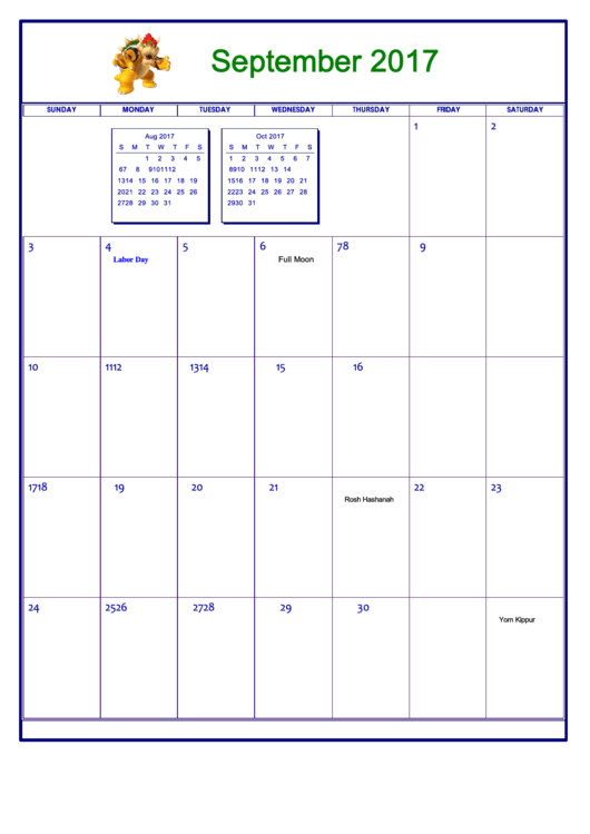 Nintendo September 2017 Calendar Template Printable pdf