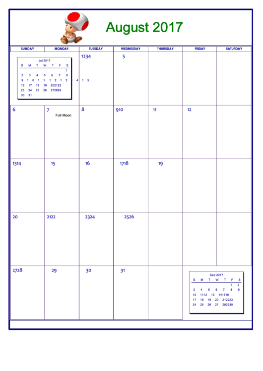 Nintendo August 2017 Calendar Template Printable pdf