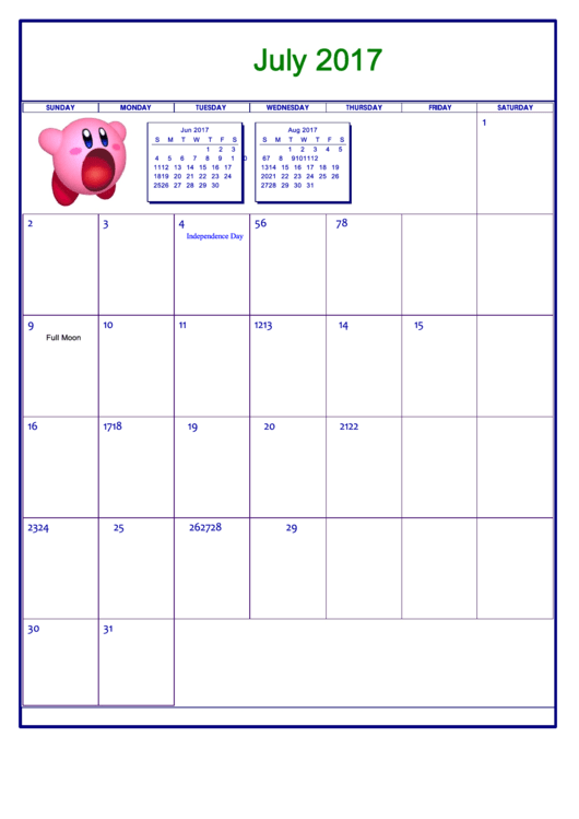 Nintendo July 2017 Calendar Template Printable pdf