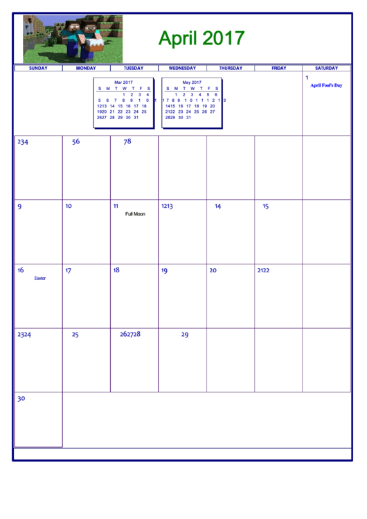 Minecraft April 2017 Calendar Template Printable pdf