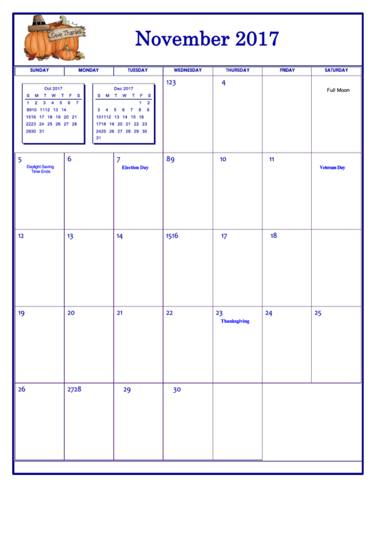 Holiday November 2017 Calendar Template printable pdf download