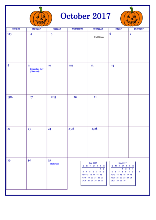 Holiday October 2017 Calendar Template Printable pdf