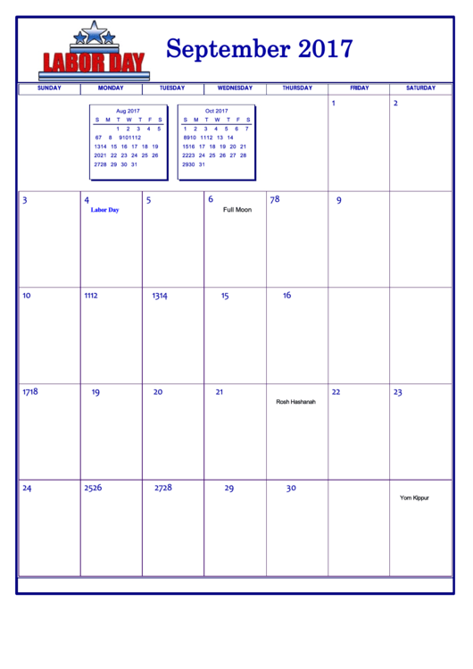 Holiday September 2017 Calendar Template Printable pdf