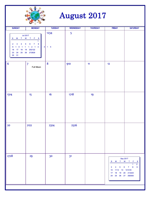 Holiday August 2017 Calendar Template Printable pdf