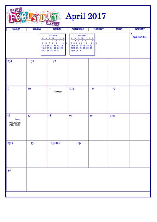 Holiday April 2017 Calendar Template Printable pdf