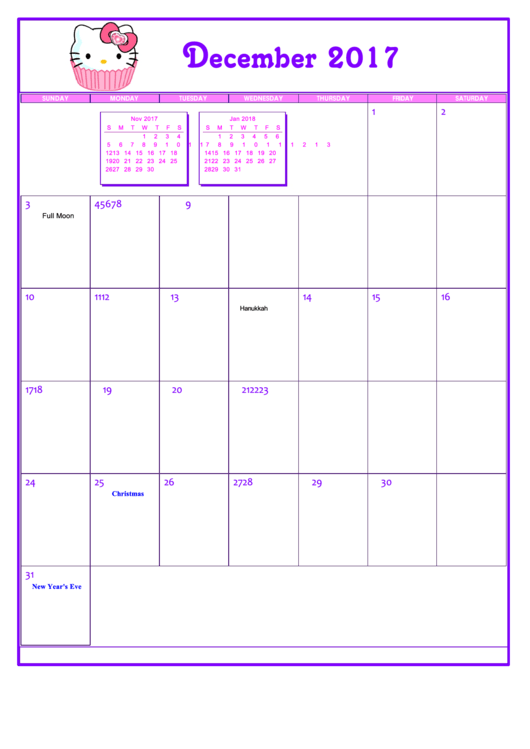 Hello Kitty December 2017 Calendar Template Printable pdf