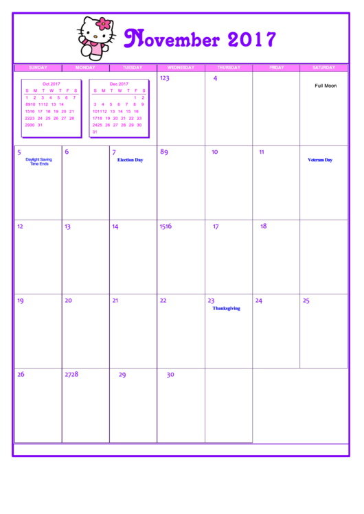 Hello Kitty November 2017 Calendar Template Printable pdf