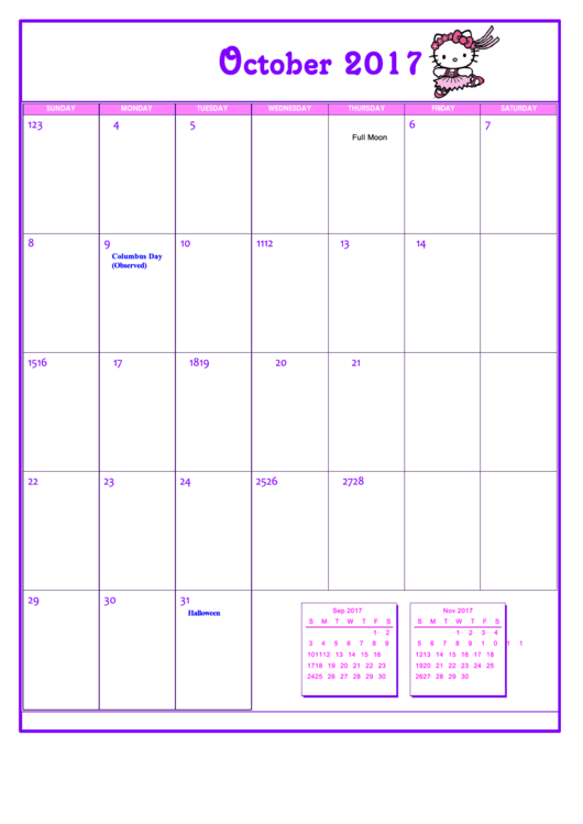 Hello Kitty October 2017 Calendar Template Printable pdf