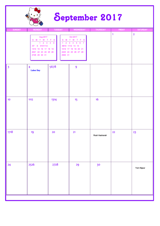 Hello Kitty September 2017 Calendar Template Printable pdf