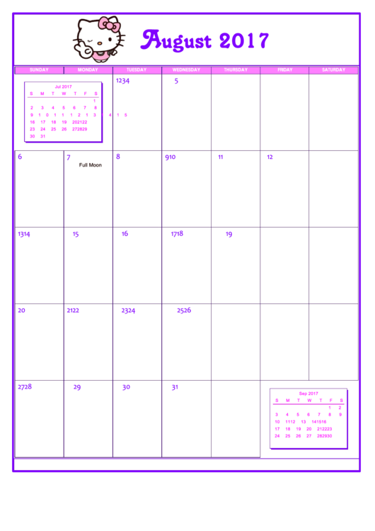Hello Kitty August 2017 Calendar Template Printable pdf