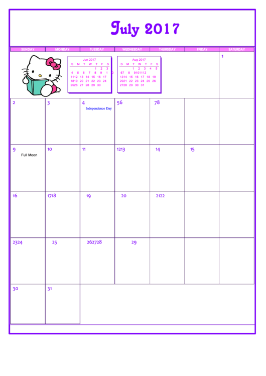 Hello Kitty July 2017 Calendar Template Printable pdf