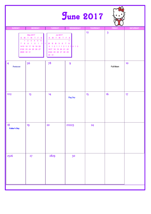 Hello Kitty June 2017 Calendar Template Printable pdf