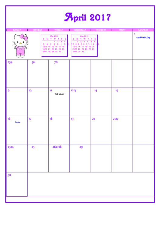 Hello Kitty April 2017 Calendar Template Printable pdf