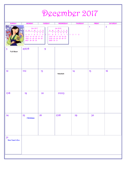 Disney Princess December 2017 Calendar Template Printable pdf