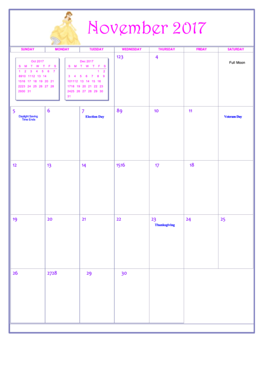 Disney Princess November 2017 Calendar Template Printable pdf