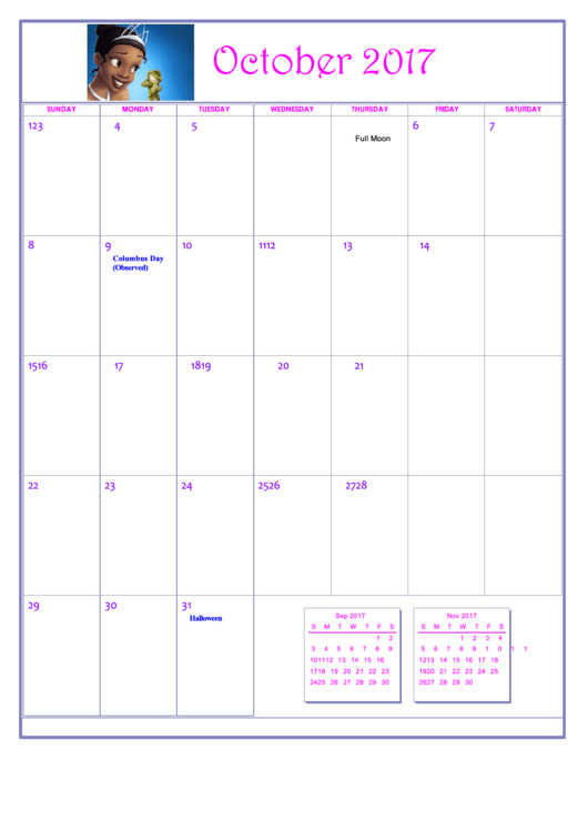 Disney Princess October 2017 Calendar Template Printable pdf