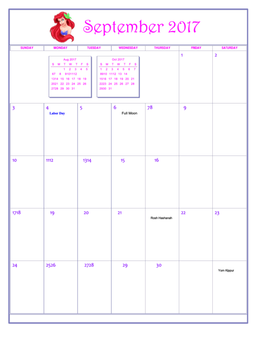 Disney Princess September 2017 Calendar Template Printable pdf