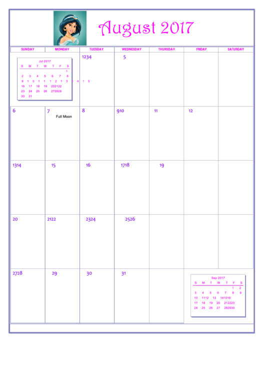 Disney Princess August 2017 Calendar Template Printable pdf