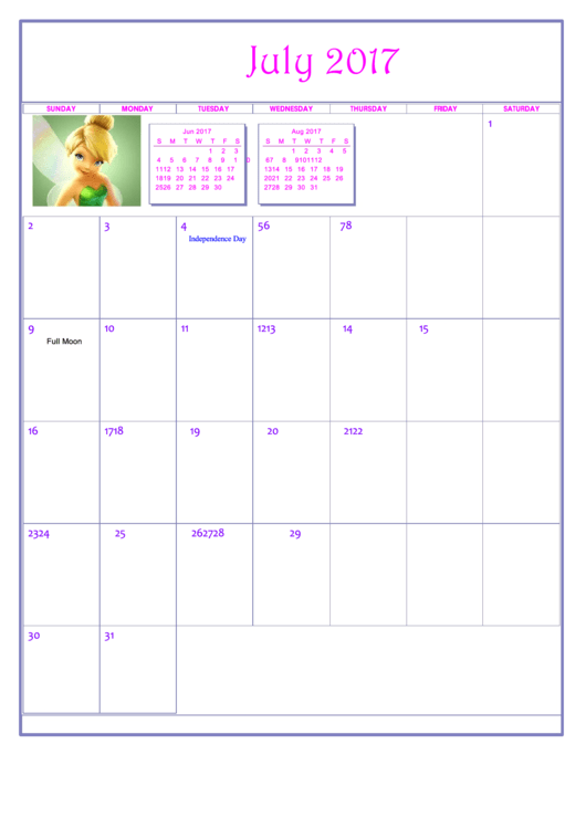 Disney Princess July 2017 Calendar Template Printable pdf