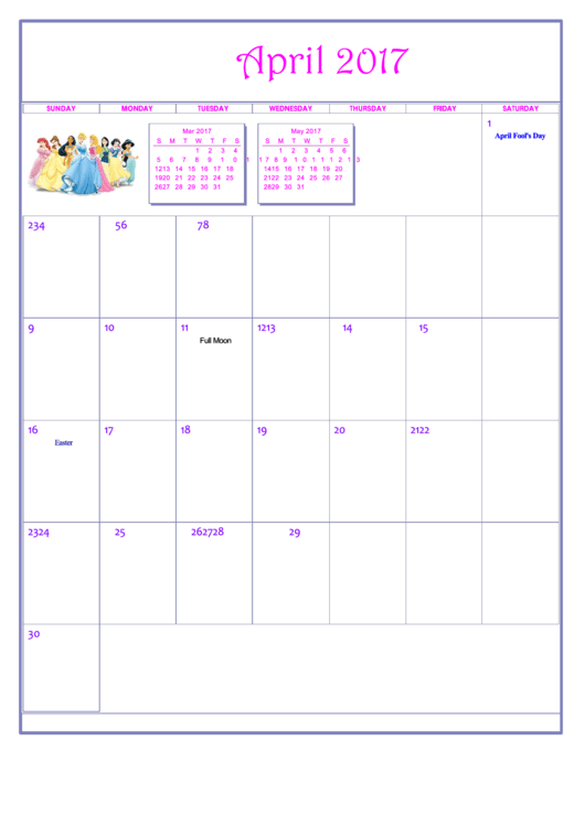 Disney Princess April 2017 Calendar Template Printable pdf