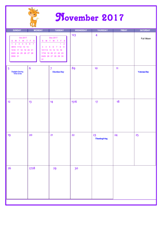 Cute Animals November 2017 Calendar Template printable pdf download