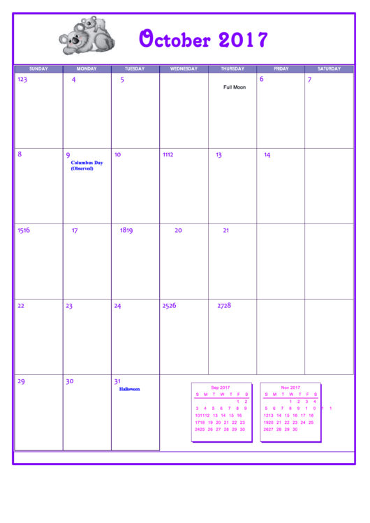 Cute Animals October 2017 Calendar Template printable pdf download