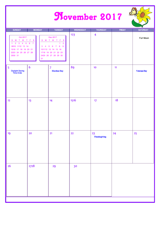 Butterfly November 2017 Calendar Template Printable pdf