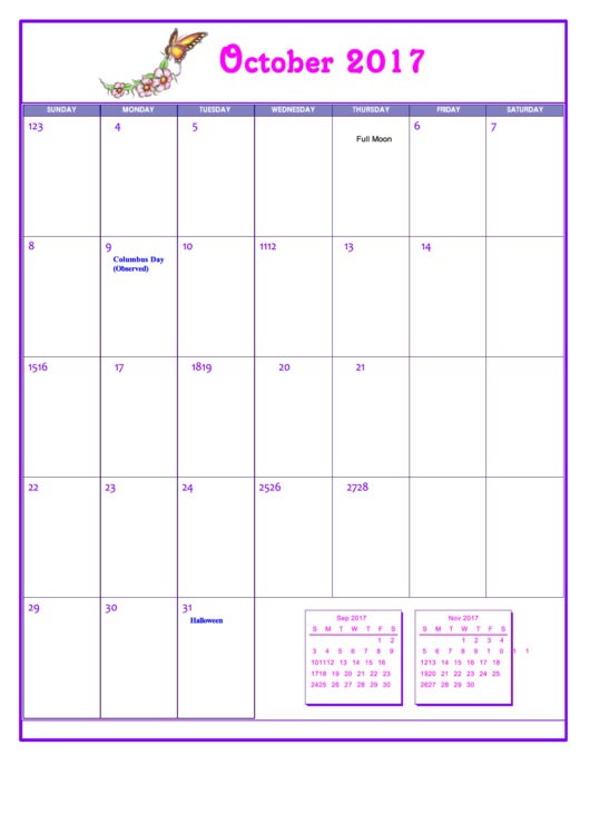 Butterfly October 2017 Calendar Template printable pdf download