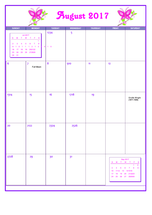 Butterfly August 2017 Calendar Template Printable pdf
