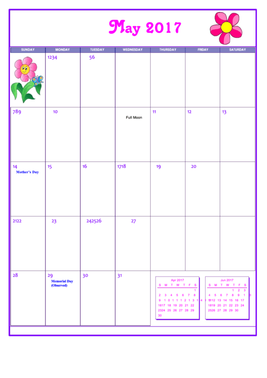 Butterfly May 2017 Calendar Template Printable pdf