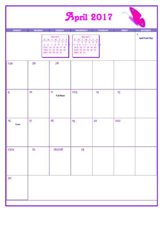 Butterfly April 2017 Calendar Template Printable pdf