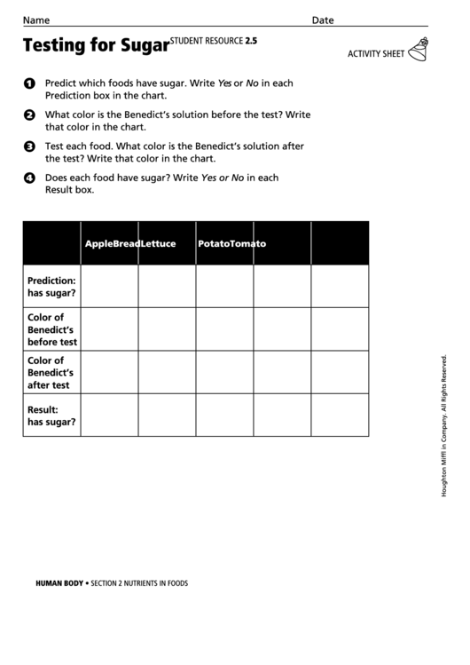Testing For Sugar Human Body Activity Sheet Printable pdf