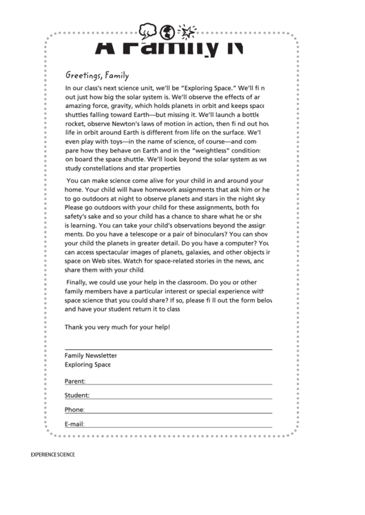 Exploring Space Family Newsletter Template Printable pdf