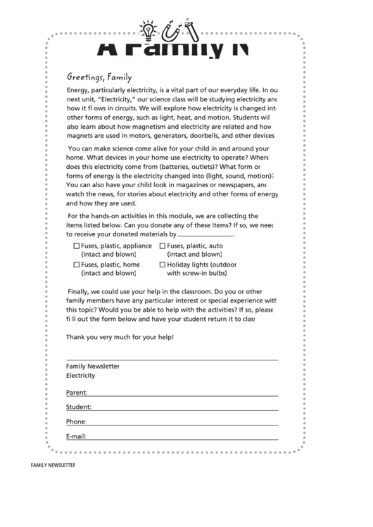 Electricity Family Newsletter Template Printable pdf