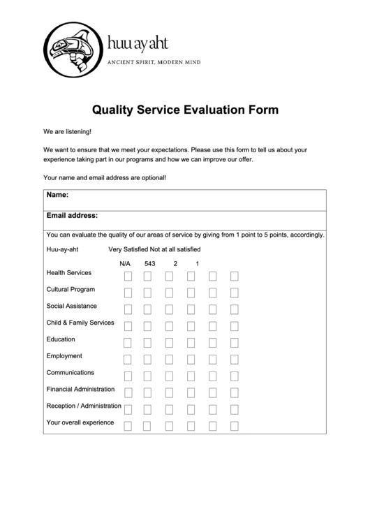 Fillable Quality Service Evaluation Form Printable pdf
