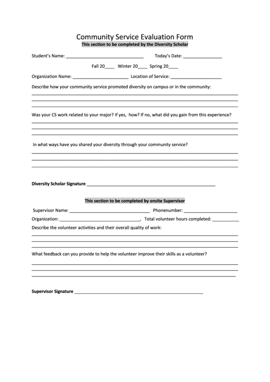 Fillable Community Service Evaluation Form Printable pdf