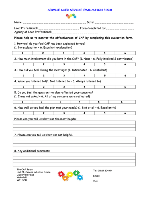 Service User Service Evaluation Form Printable pdf