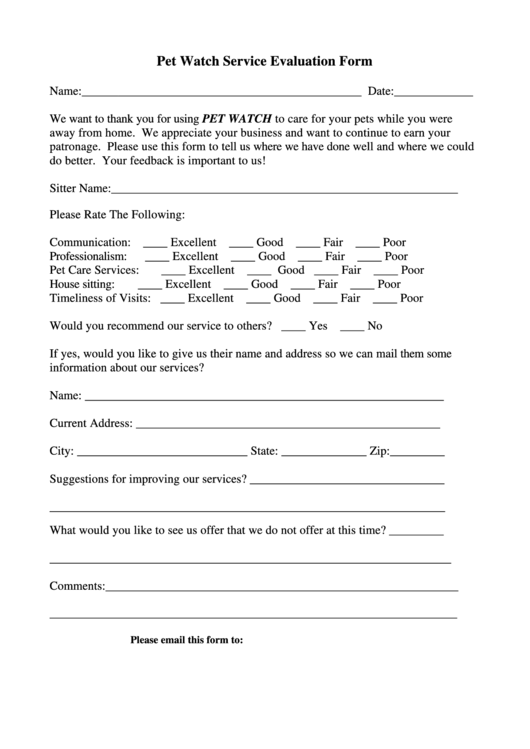 Fillable Pet Watch Service Evaluation Form Printable pdf