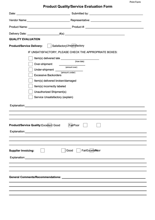 Fillable Product Quality/service Evaluation Form Printable pdf