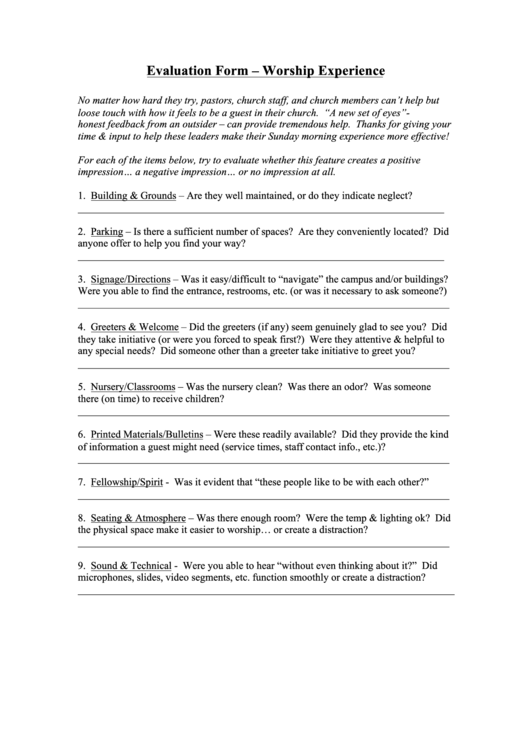 Evaluation Form - Worship Experience Printable pdf