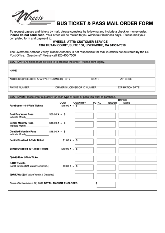 Bus Ticket & Pass Mail Order Form Printable pdf