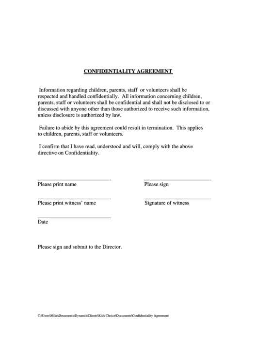 Confidentiality Agreement Printable pdf