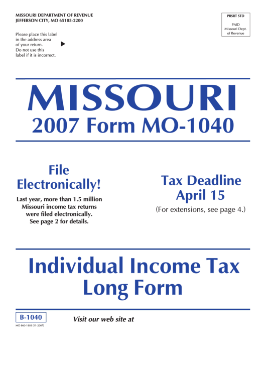 Form Mo-1040 - Individual Income Tax Return - Long Form - 2007 Printable pdf