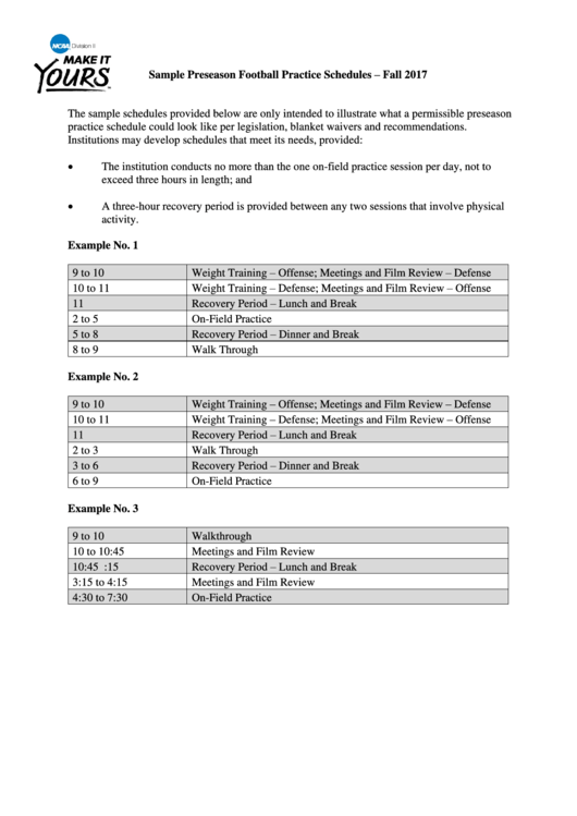 Sample Preseason Football Practice Schedules Printable pdf
