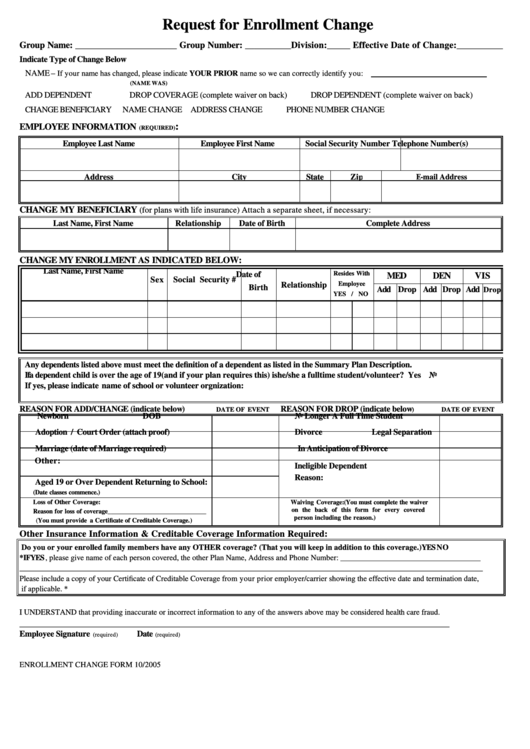 Fillable Enrollment Change Form - Request For Enrollment Change Printable pdf